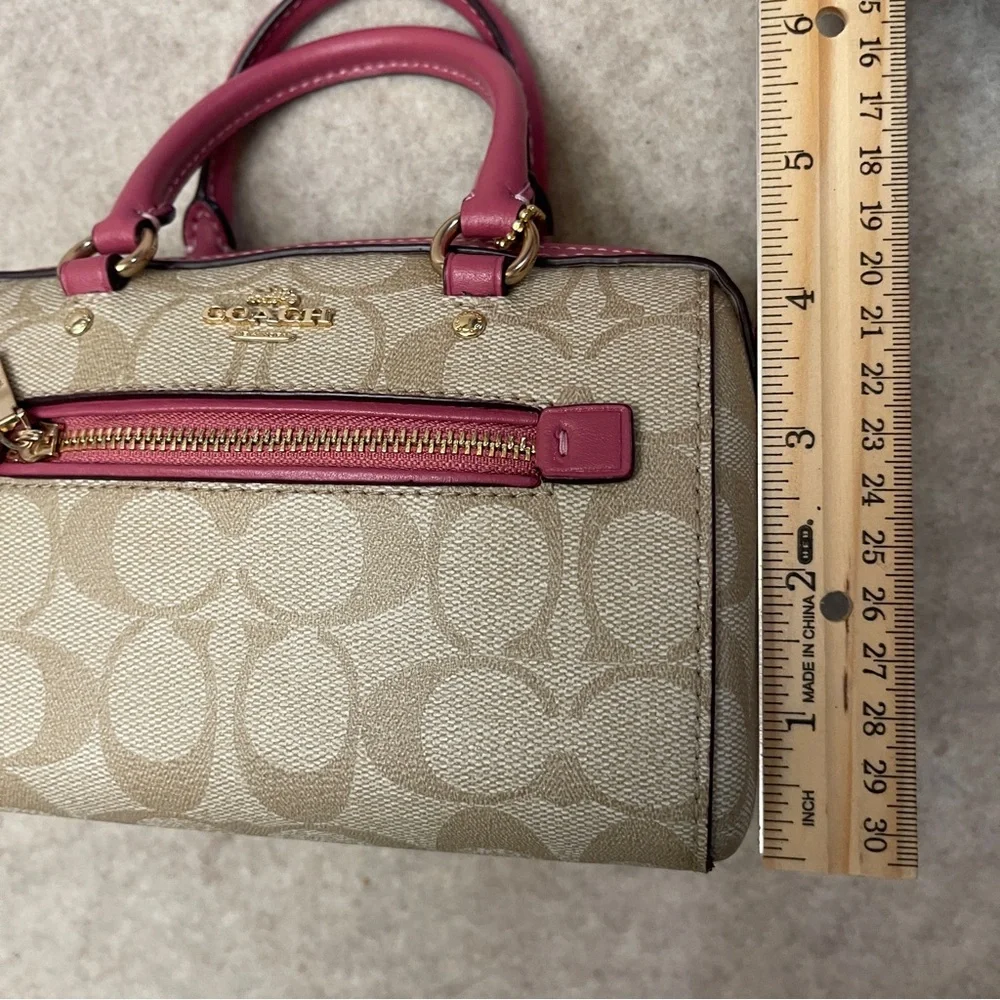 Coach Mini Rowan Signature Tan Canvas Pink Rogue Leather Trim Crossbody Bag
